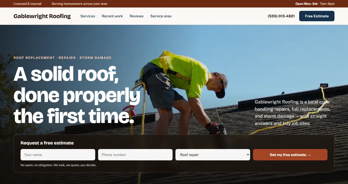 Gablewright Roofing sample homepage
